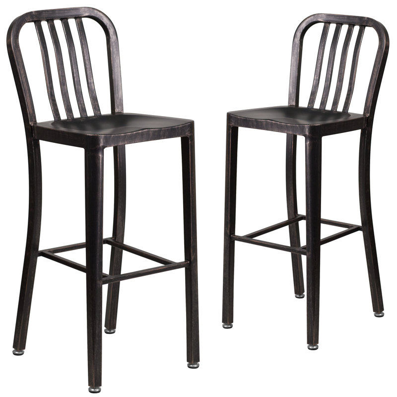 Commercial Grade Metal Indoor-Outdoor Stool with Vertical Slat Back, Light Black, Bar Stool (76cm Seat Height)