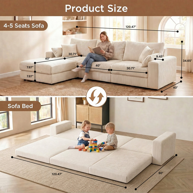 Boneless L-Shape Sectional Couches, Sofa And Ottoman Set, 4, 34.6" H x 120" W x 80" D, White