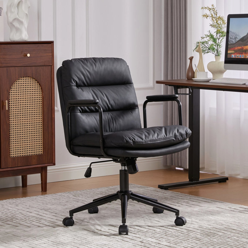 Mid Back Home Office Chair With Wheels And Ergonomic Pu Leather, 40 Reclining , 360 Swivel, Adjustable Height, Double Sponge Cushion, Black, For Living Room Makeup Vanity Back, Wheels, Swivel Seat,