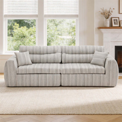 Chenille Stripe Fabric Compressed Sponge Sofa, 3-Seater Modern Upholstered Couch with Throw Pillows for Living Room, Apartment, Small Space