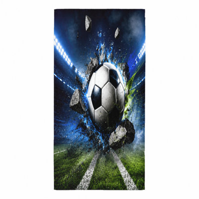1Pcs Dynamic Soccer Ball Blast Beach Towel, featuring an action-packed scene with a exploding through stadium field, bright lights and debris. Large microfiber, perfect for trips, swimming, sports enthusiasts, unise