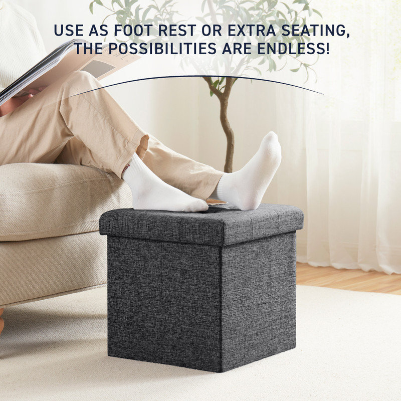 Square Upholstered 15" Inch Storage Ottoman - Set of 2, Dark Gray