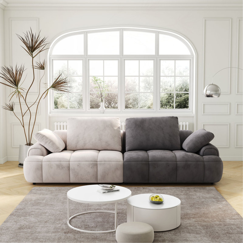 Canapé 86,6 po à deux places de grande taille, revêtu de tissu d'ameublement moderne, beige et tissu en suède gris