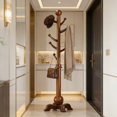 Portemanteau autoportant en bois avec 7 crochets, support d'arbre de couloir robuste avec base stable à 4 pieds, rangement d'entrée pour manteaux, chapeaux et sacs d'une capacité de 210 lb