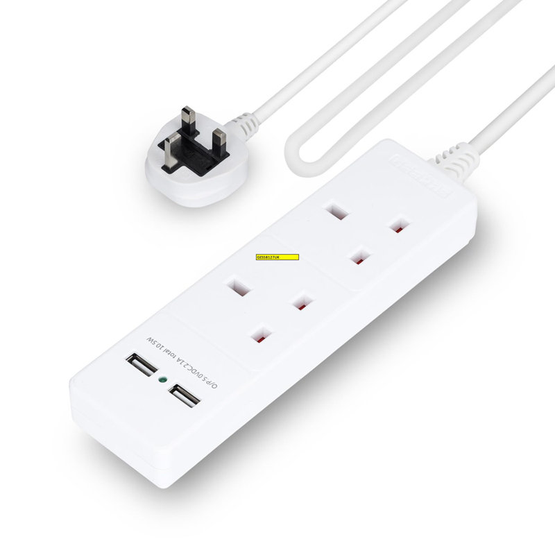 GEEPAS 2 Gang Extension Lead, 2M Cable | 2-Way Plug Extension Cable | Wall Mountable & Multi Socket Power Mains Strip With 2 USB Ports For Home Office | Heavy Duty UK Plug | White