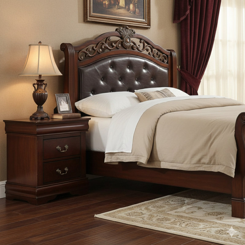 Ryla Nightstand, 2 Drawers, Cherry Brown Solid Wood, Bronze Drop Handles, Cherry Brown