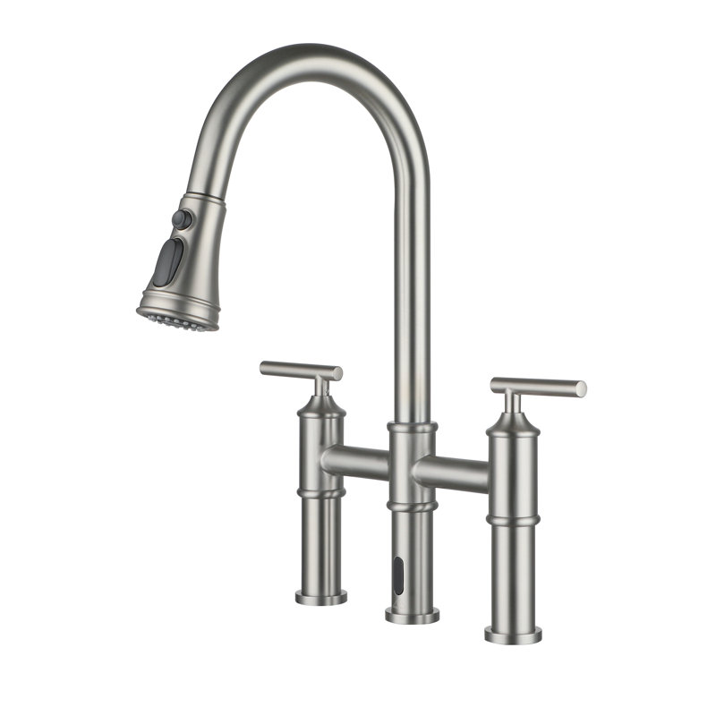 CASAINC Bridge Pull Down Touchless Sensor Kitchen Faucet with 2 Handles, Brushed Nickel