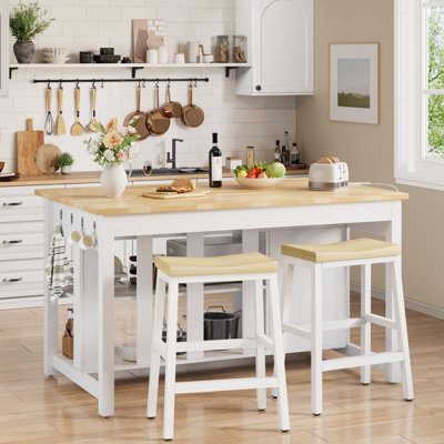 White Kitchen Island with Solid Wood Butcher Block Top, Power Outlet, 2 Bar Stools, Drawers, and Tilt-Out Trash Bin