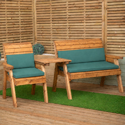 3 Seater Chunky Rustic Wooden Furniture Set with Straight Tray & Green Cushions