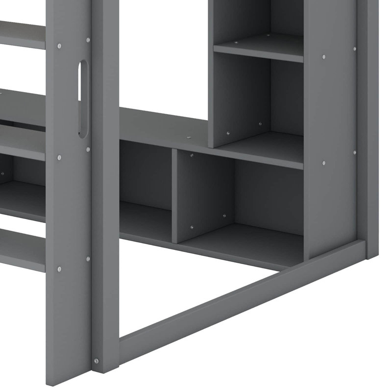 Lit mezzanine en bois avec bureau, nombreuses tablettes de rangement, éclairage à DEL et portemanteau suspendu, Double