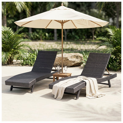 Ensemble de 2 chaises longues d'extérieur réglables, osier en résine résistant aux intempéries et cadre en aluminium espresso