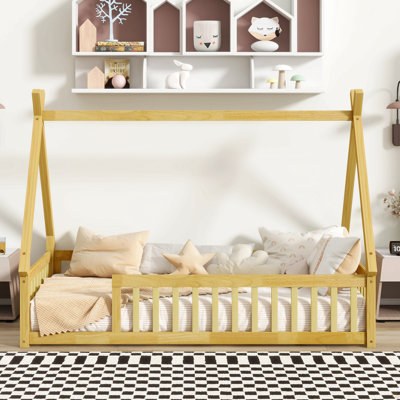 Twin Tent-Shaped Floor Bed,Teepee Bed With Guardrails