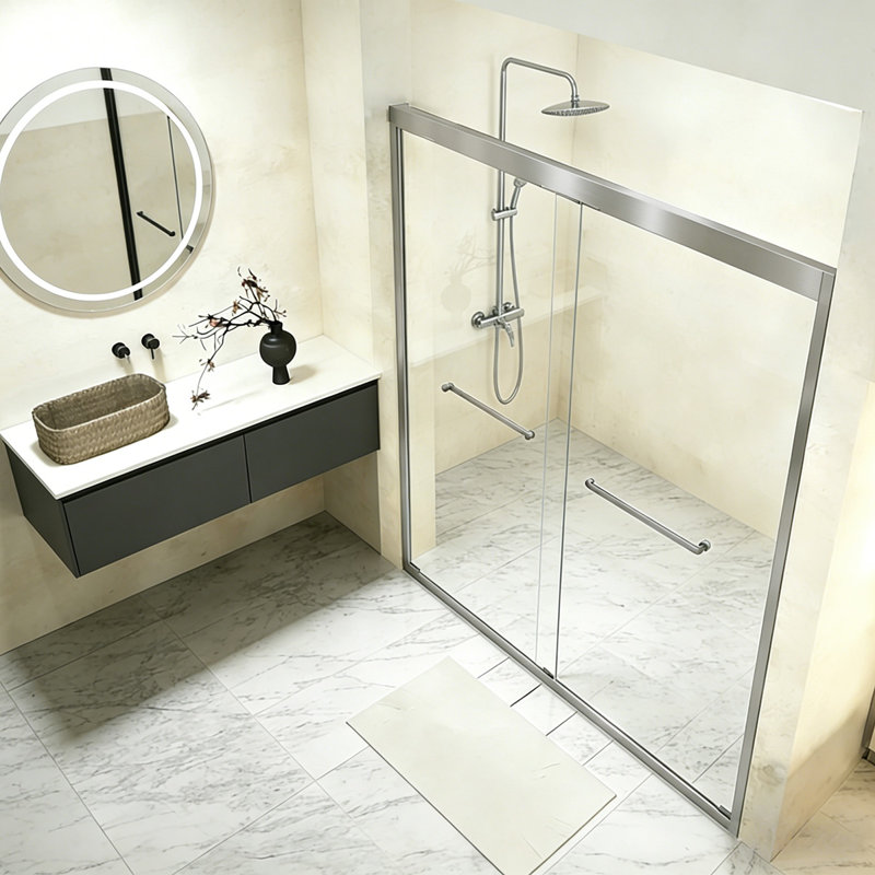 DAQING Modern 48"W x 72"H Brushed Nickel Premium Aluminum Frame Double Sliding Framed Shower Door | 1/4"(6mm) Explosion Proof Tempered Glass with Safety Film, Heavy Duty Stainless Steel Handle