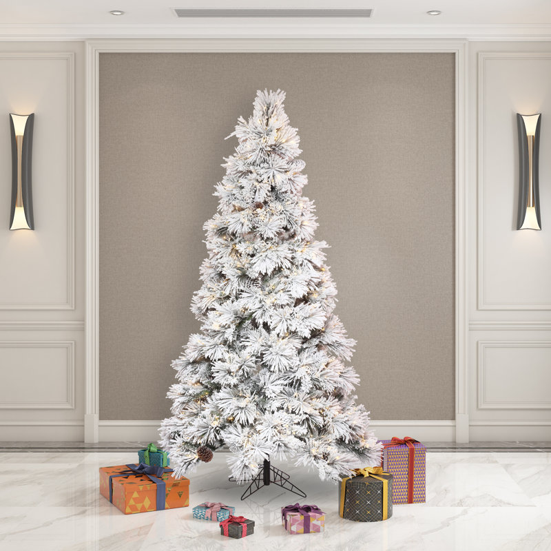 Atka Flocked Artificial Christmas Tree with LED Clear/White Lights with Stand, 6.5' H