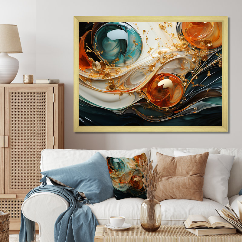 Orange et vagues ondulées oranges, Melody V - art mural abstrait, H 30 po x l 40 po x P 1,5 po, Cadre d'angle fermé doré