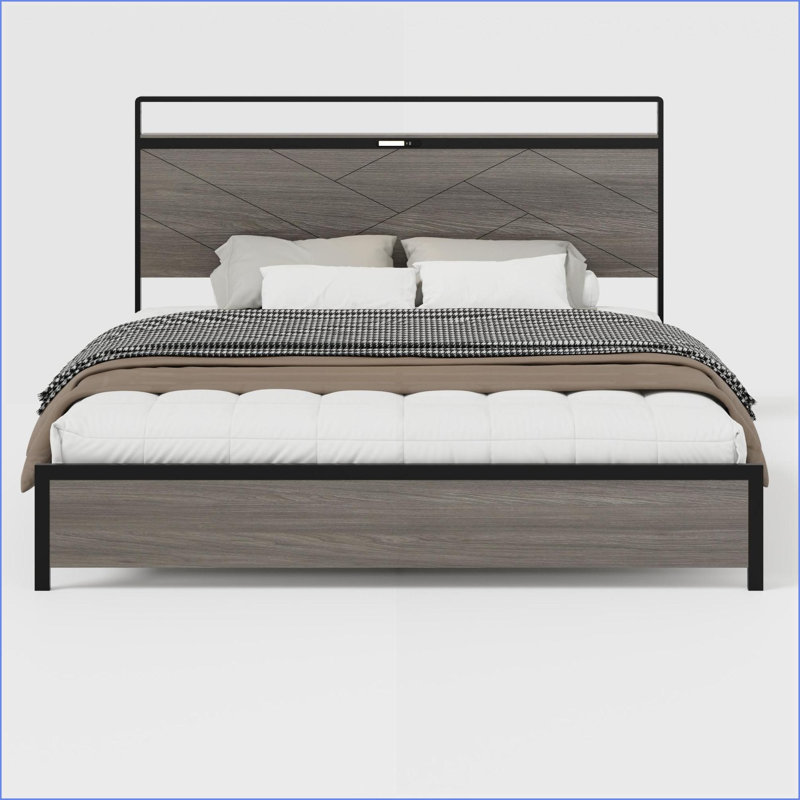 King Size Metal Platform Bed Frame with LED Headboard, USB/Type-C Charging, No Box Spring Needed, Silent, Large Underbed Storage, Antique Grey