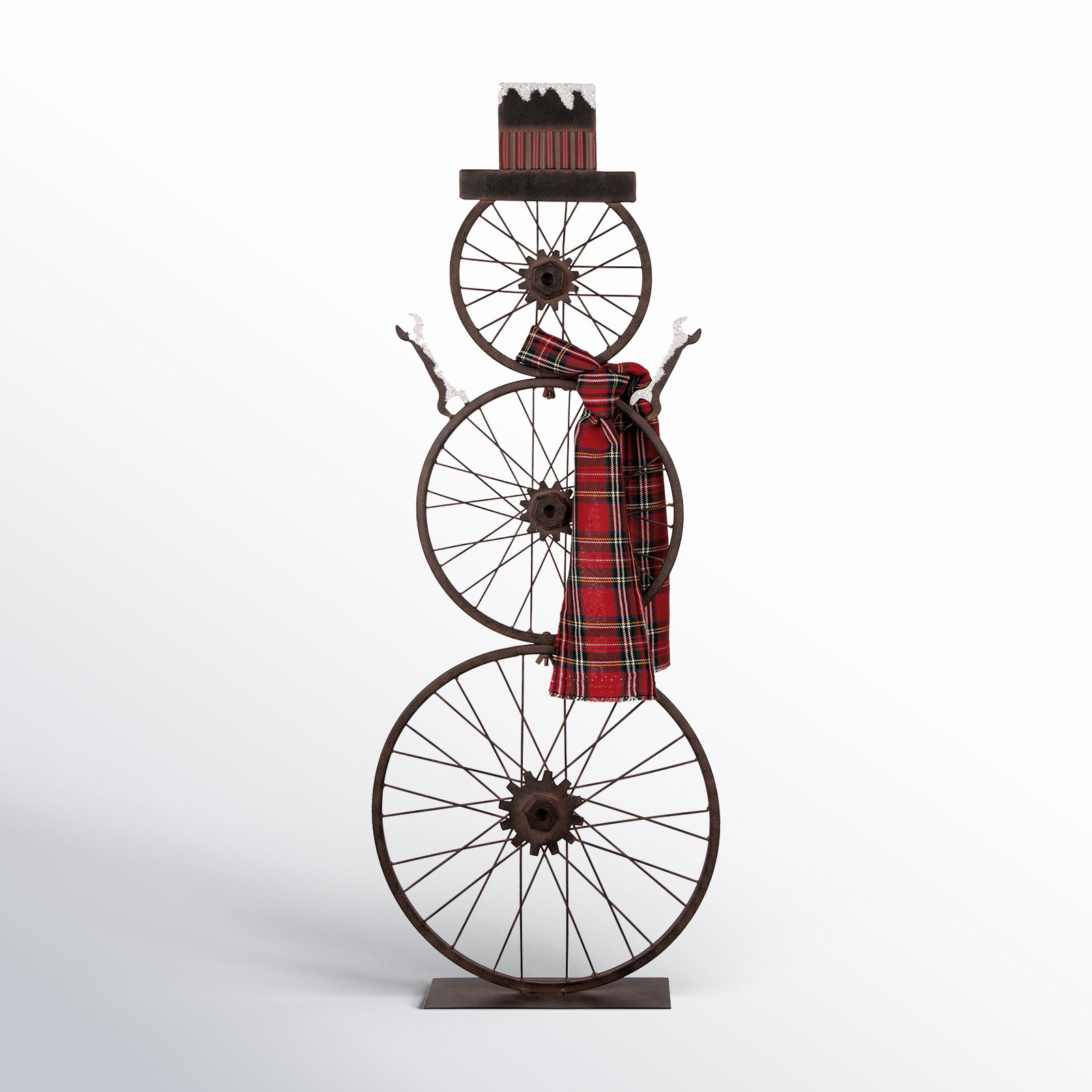 The Twillery Co.® Jimena 34 H Metal Bike Wheel Snowman w/Plaid Scarf Porch Decor & Reviews | Wayfair