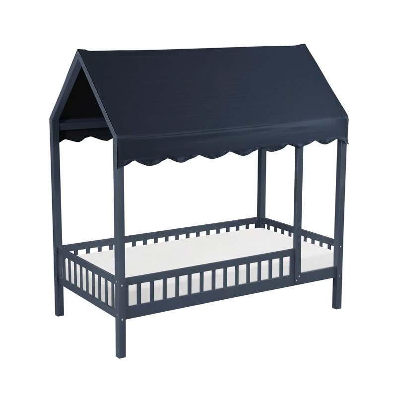 Finition bleu marine, lit plateforme, auvent de lit en tissu, housse de remise en bois, meubles de chambre à coucher modernes, 1 pièce