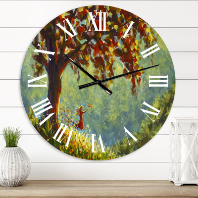 «Girl in Red Dress on Spring Tree Swing» - Horloge murale traditionnelle