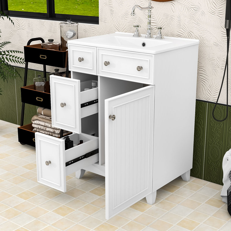 Meuble-lavabo simple autoportant avec deux tiroirs de rangement et lavabo en céramique Olguin, Blanc