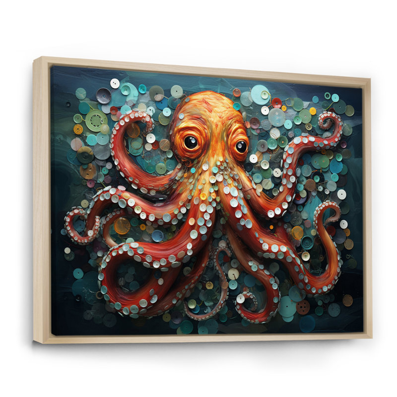 Portrait de pieuvre mystique orange, peinture, H 30 po x l 40 po x P 1,5 po, Cadre naturel flottant