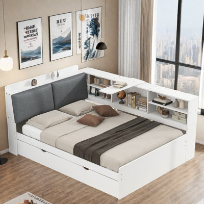 Platform Bed With Trundle, Storage Shelves, Upholstery Headboard And Rotatable Storage Board