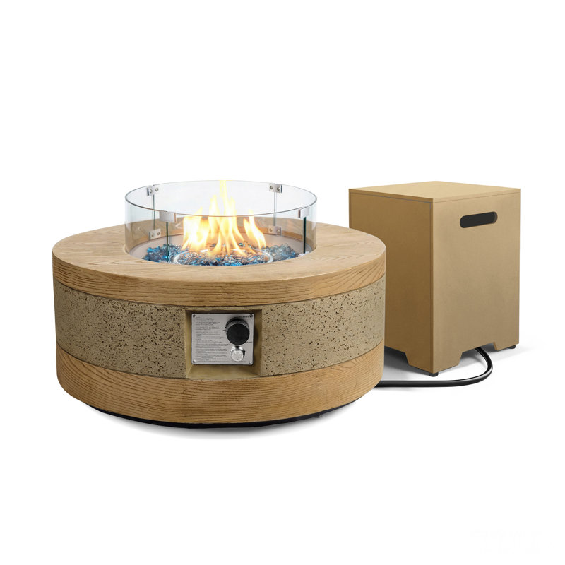 38-Inch Round Concrete Propane Fire Pit Table with Tank Cover and Wind Guard,Natural Oak, Natural Oak