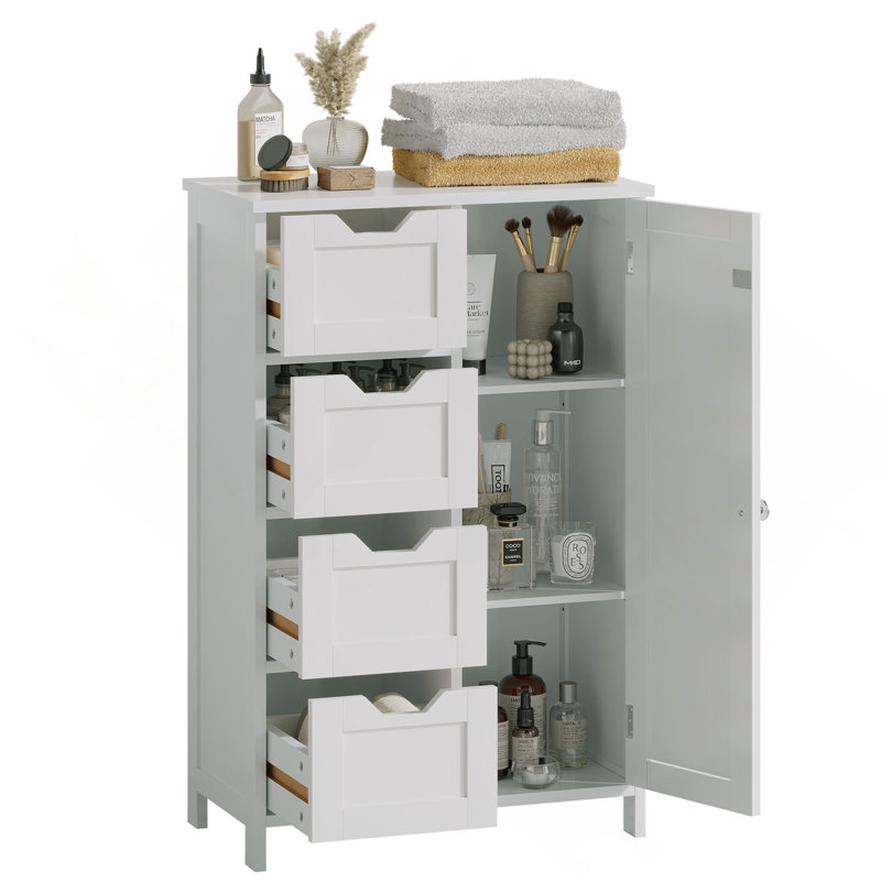 Bathroom Storage Cabinet With 4 Drawers And 1 Door, Freestanding Wooden Floor Organizer For Bathroom, Narrow Storage Cabinet For Small Spaces, Entryway, Living Room Or Hallway, White