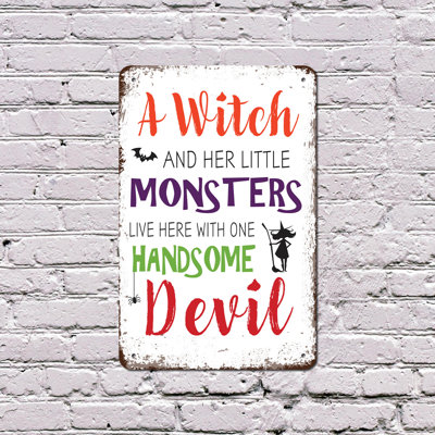 A Witch And Her Little Monsters Vintage Style 10 Inch x 14 Inch Plastic Sign Spells Bells And Cheer Perfect for Entryways Playrooms Classrooms Fun Gift for Moms Kids Neighbors
