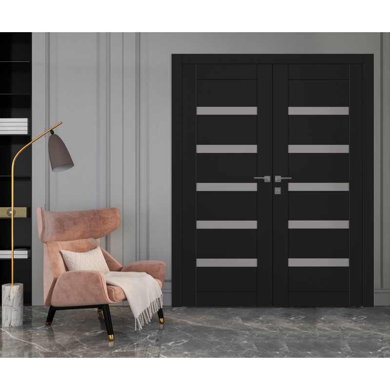 Portes françaises à panneaux en bois manufacturé 79,37 po Leora, Noir mat, H 79,37 po x l 59,5 po, Réversible