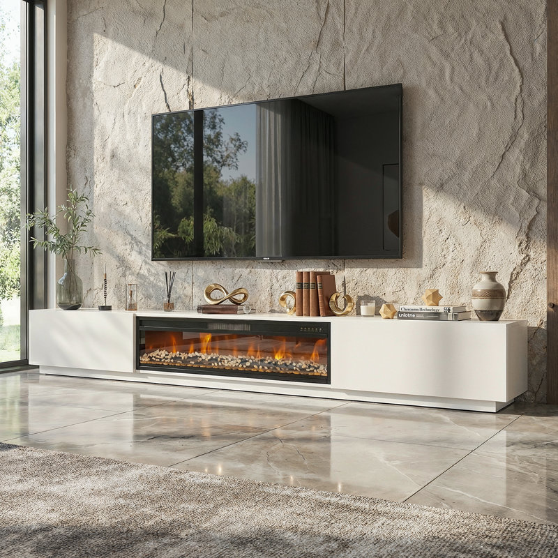 109'' W 2-Drawer TV Stand Media Console With Electric Fireplace Heater, White