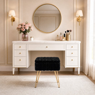Tabouret de coiffeuse ottoman moderne avec rangement – ​​Assise rembourrée moelleuse, pieds en métal résistants, patins antidérapants – Idéal pour le maquillage, la chambre ou le salon – Noir, revêtement en fourrure de lapin