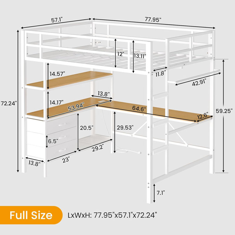 Full Size Loft Bed With L-Shaped Desk And Charging Station,Full Metal Bed Frame With Led Lights,Open Shelves And 3 Fabric Storage Drawers,Loft Beds With Top Bunk -Safety Guard & Stairs