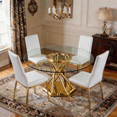 Ensemble de table de salle à manger ronde en verre avec 4 chaises rembourrées en similicuir, ensemble de table de cuisine moderne et de chaises pour la salle à manger, coin repas, petit espace, pieds en acier inoxydable