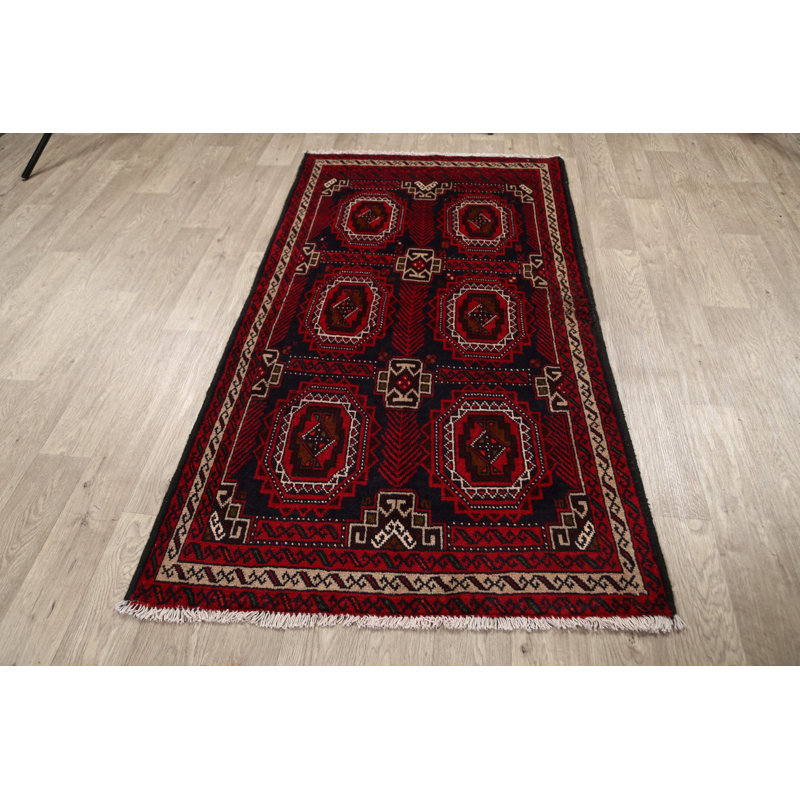 Tapis décoratif en laine rouge noué à la main/noir/Ivoire 3 pi 5 po x 6 pi 2 po one-of-a-kind