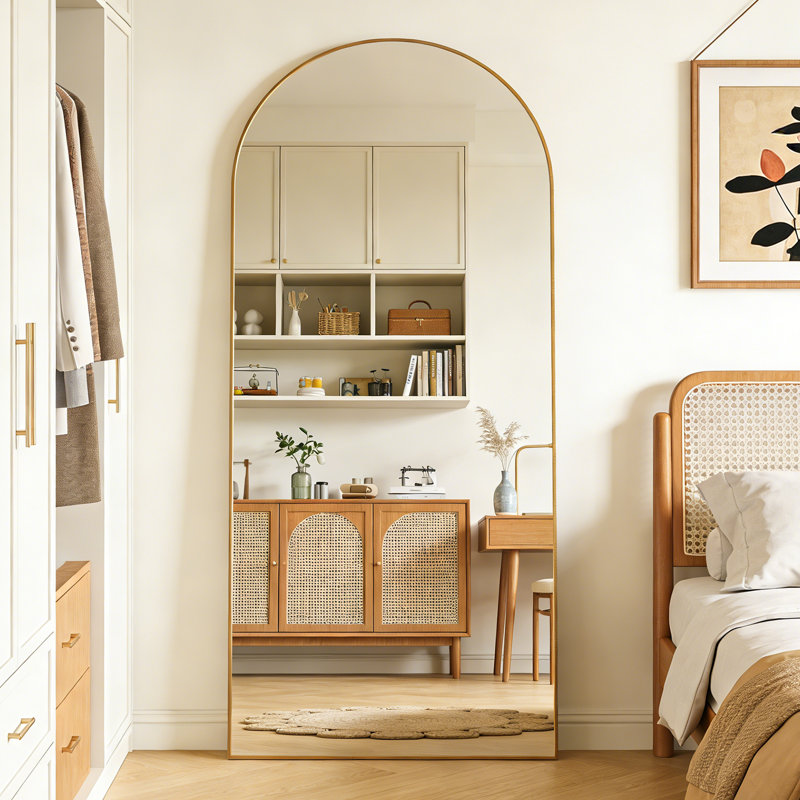 Arched Full-Length Mirror, Aluminum Alloy Frame, Tempered Glass Floor Mirror, 71" x 32", Brushed Brass