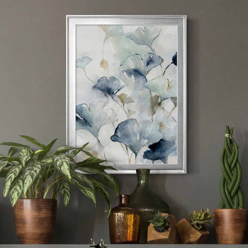Indigo Ginkgo II - peinture sur toile encadrée, Argent, H 22,5 po x l 30,5 po x P 1,5 po