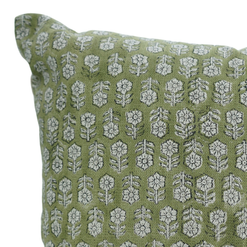 Fabdivine Decorative Cushion Cover Block Printed Home Accent, Tulsi Buti Floral Design, 36"H x 14"W, Green Floral/Block Print