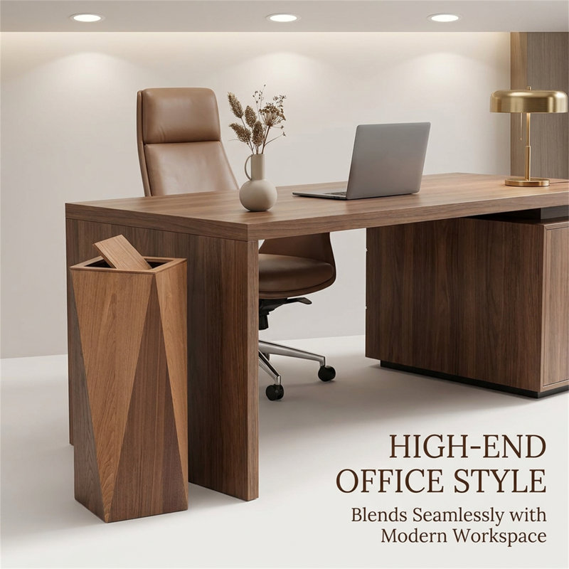 Large Wooden Lidded Creative Polygonal Diamond-Shaped Waste Bin