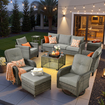 Ensemble de meubles de patio 9 pièces, chaises berçantes pivotantes en osier avec coussins confortables, ensemble de canapé à dossier haut toutes saisons pour la cour ou la pelouse