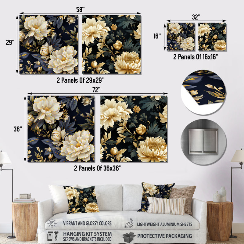 Lilya - Ensemble de 2 carrés décoratifs floraux en métal, H 36 po x l 72 po