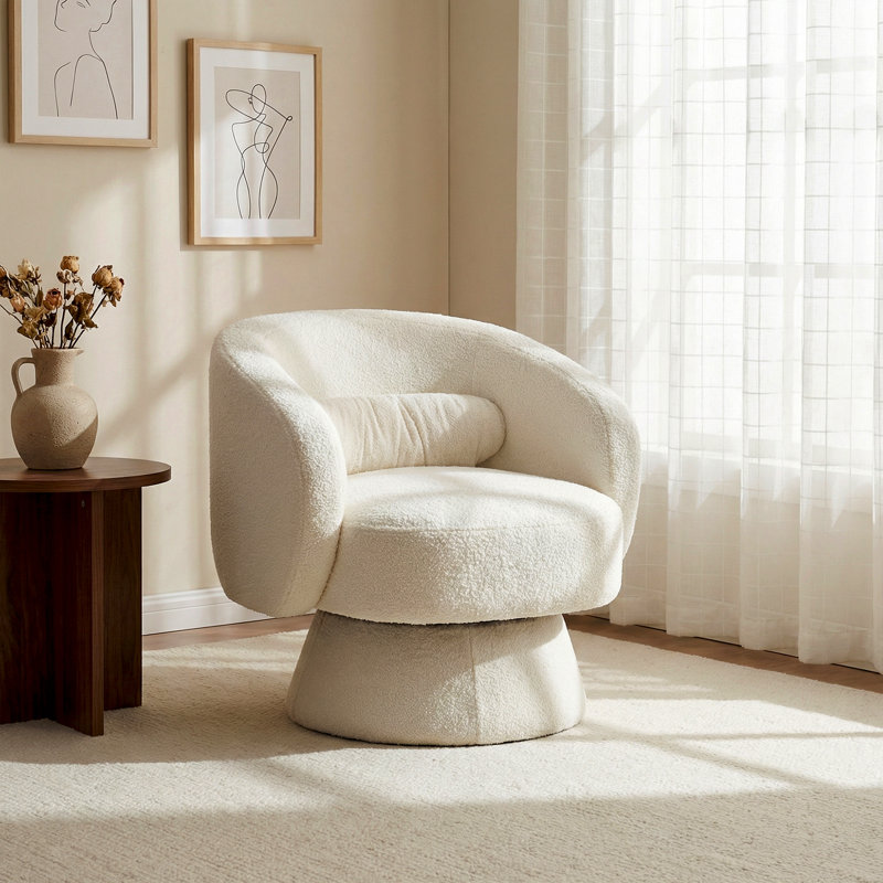 Fauteuil demi-tonneau moderne pivotant à 360 ° avec coussin décoratif Modern, White Teddy