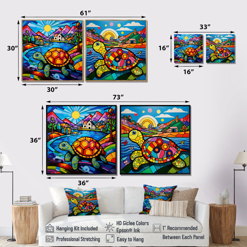 Jolie tortue dans un paysage de dessin animé I - Art mural animal tortue - ensemble d'art mural moderne 2 pièces, Noir