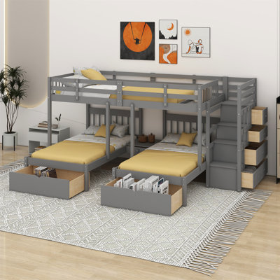 Full Over Twin Bunk Bed, Wood Triple Bunk Bed with Drawers and Guardrails