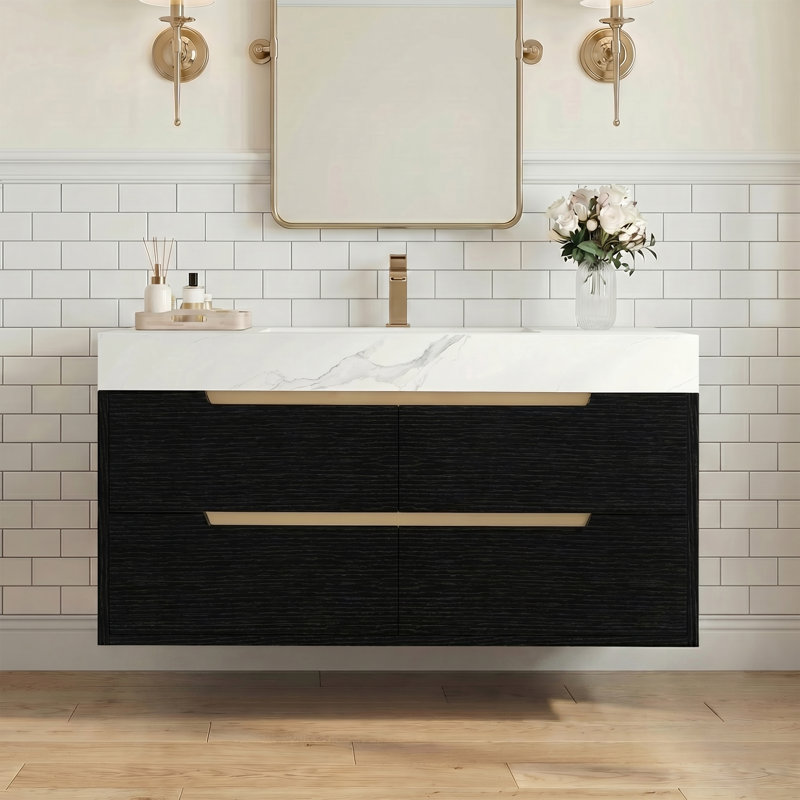 35.4" Modern Bathroom Vanity with Sink & Sintered Stone Top, Waterproof Multi-layer Wood, Drawers Storage, Freestanding & Wall Mount
