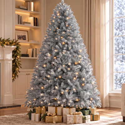 Sapin de Noël artificiel argenté de 2,3 m (7,5 pi) préilluminé, avec 1 412 extrémités de branches, 600 lumières blanc chaud et un support en métal