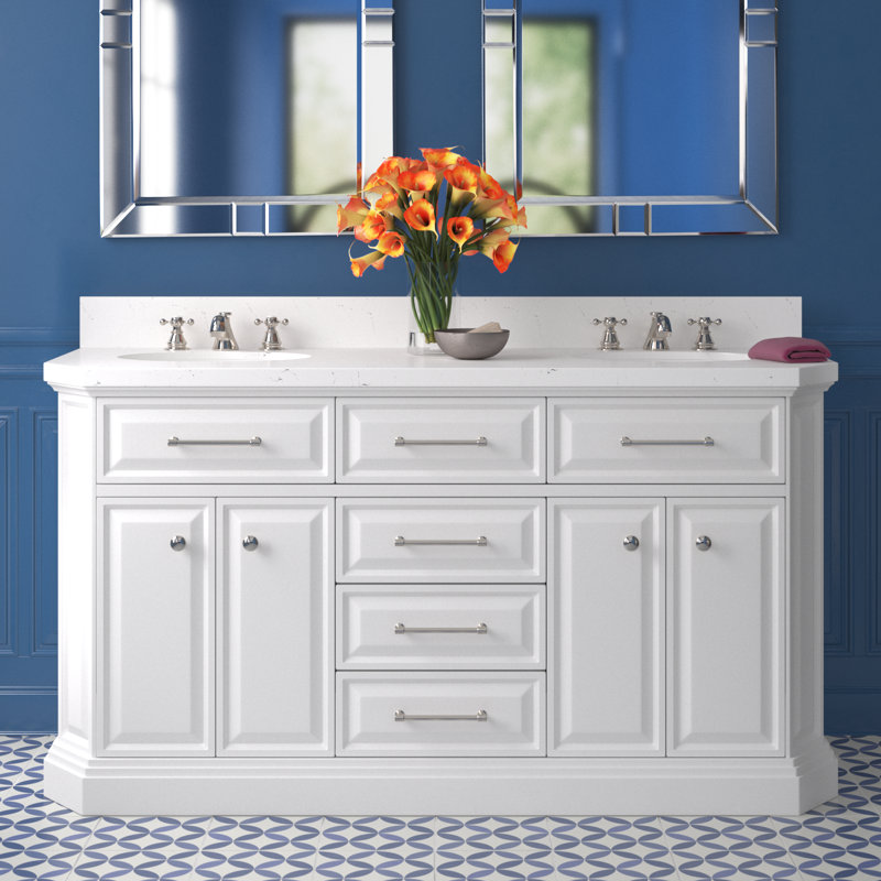 Ensemble de meuble-lavabo double 60 po Bruning Quartz, Blanc pur, Nickel poli