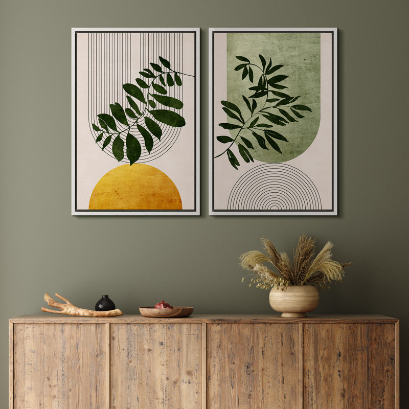 Boho de style Mid-Century moderne, "Bold Bright Yellow & Green Leaves, H 24 po x l 32 po, Cadre flottant blanc