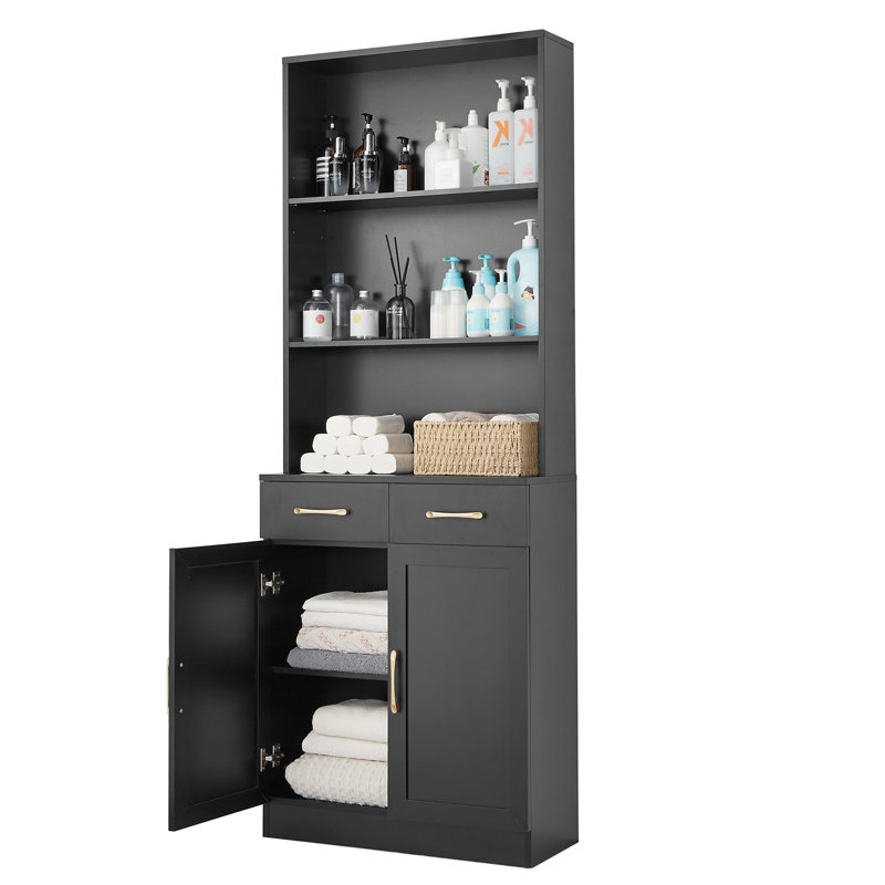 Armoire de rangement pour salle de bain, armoire avec deux portes et tiroirs, tablette réglable, tablette ouverte à trois couches, panneau de fibres à densité moyenne, noir