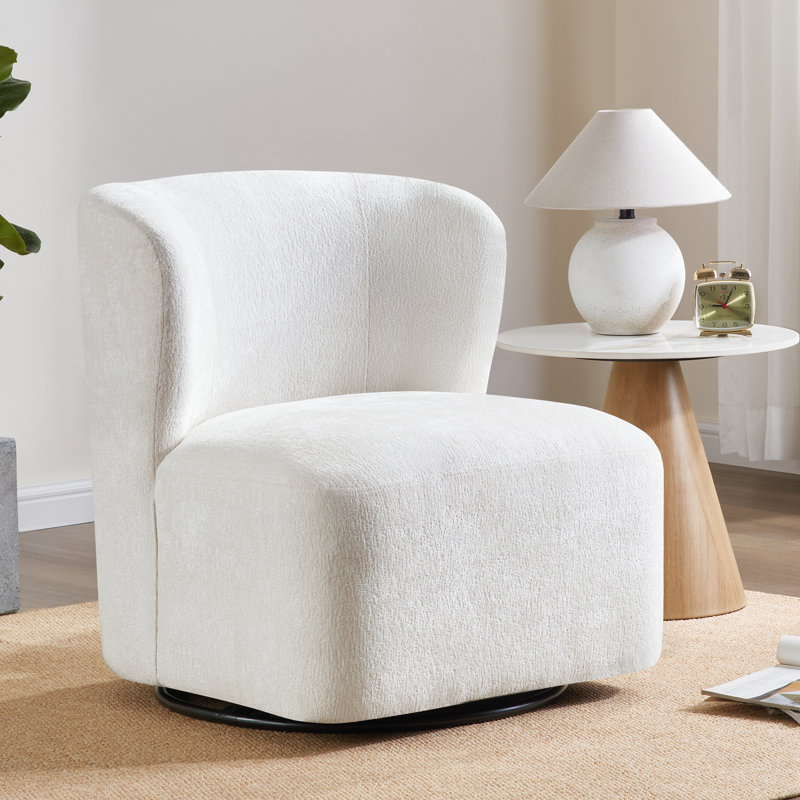 28" Wide Modern Upholstered Wing Back Swivel Barrel Chair, White Chenille